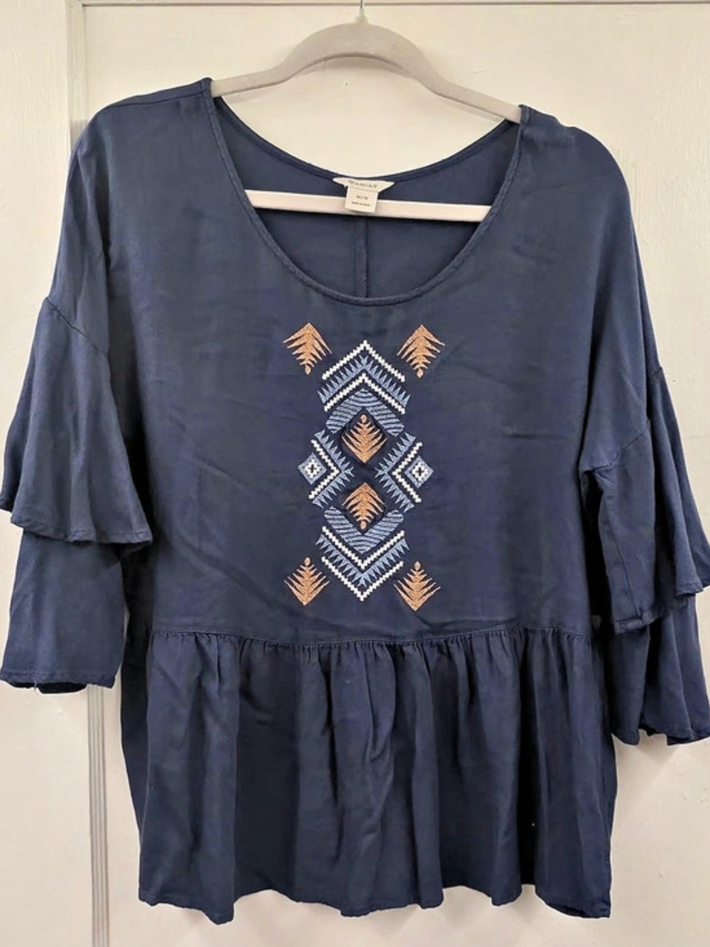 Ariat Embroidered Boho Peplum Top Navy Bell Sleeve Women’s M